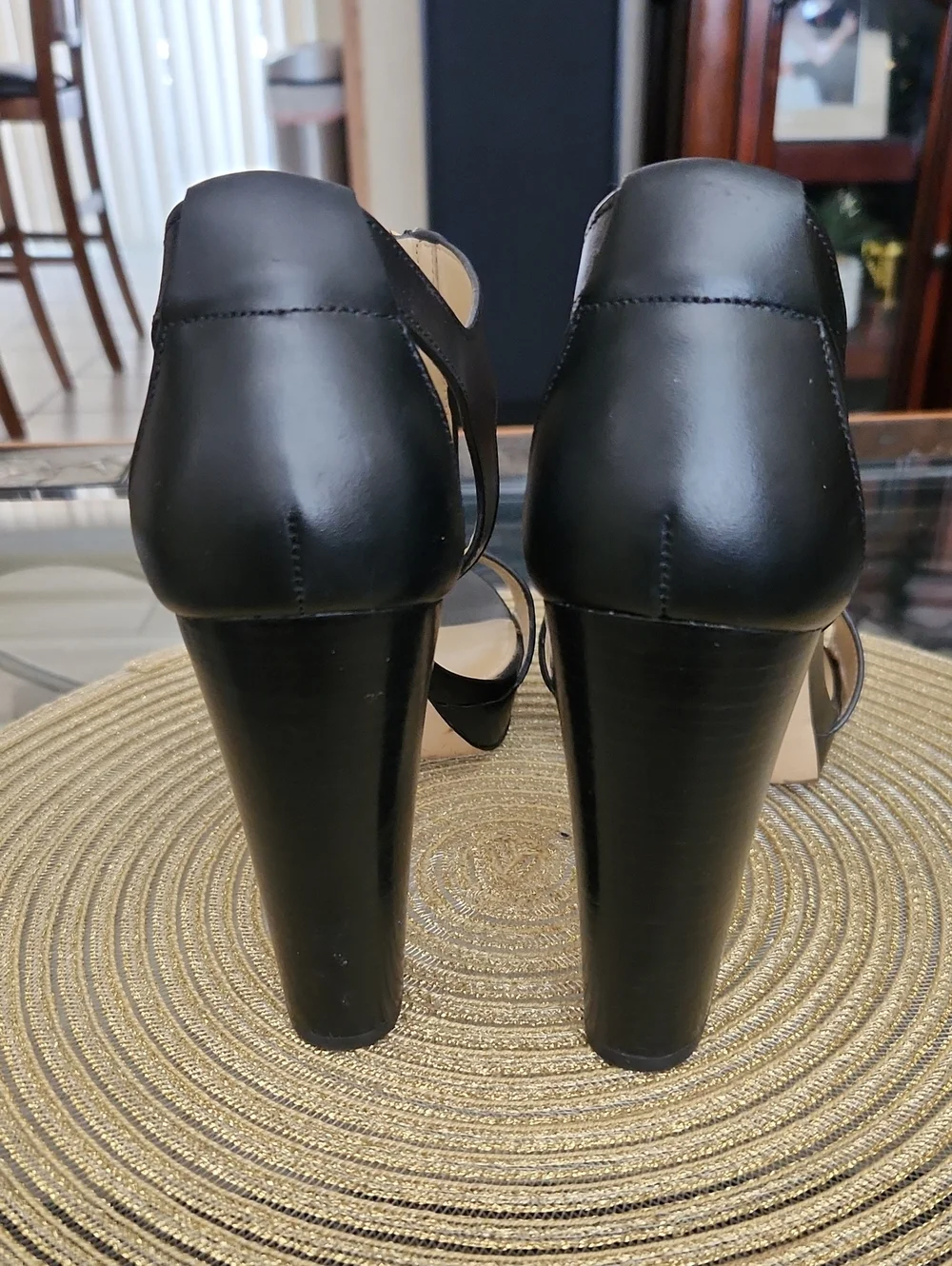 Michael Kors Berkley Black Leather T-Strap Platform Heels with Gold Zip Size 9.5
